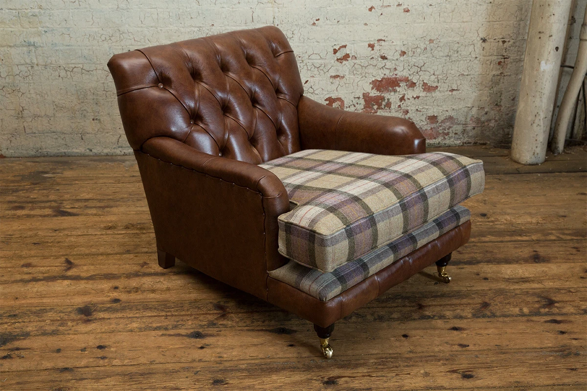 HANDMADE VINTAGE BROWN MOTTLED LEATHER LOW BACK ARMCHAIR MOON TARTAN 100 WOOL