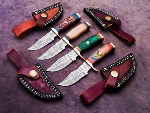 LOT OF 4 PCS Handmade Damascus Steel Blade Camping Hunting Knife SKINNER KNIVES, - Picture 1 of 11