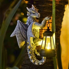 Dragon Tree Hugger with Solar Lantern - 9.3 Inch Resin Statue for... 
