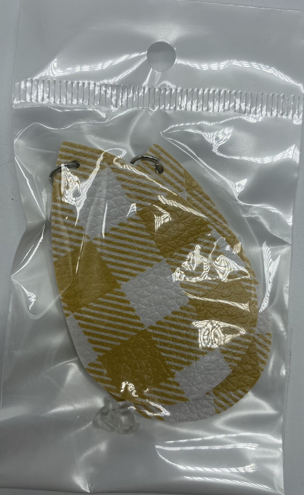 New Plaid Teardrop Dangle Faux Leather Earrings Yellow/White
