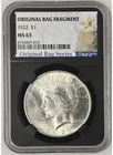 1922 Peace Dollar Original Bag Fragment Label NGC MS63