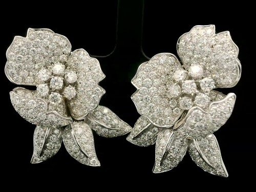 Amazing 18k White Gold 16ctw Round Diamond Covered Large Flower Omega Earrings - Video 1 of 1