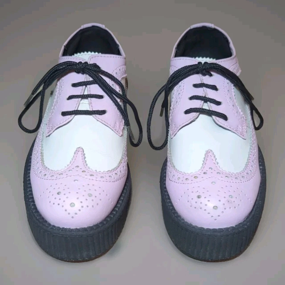 T.U.K. Zapatos Viva Suela Alta Creeper Rosa Blanco Cuero Punta de Ala Zapatos EU37 US 6 Foto 2 de 4