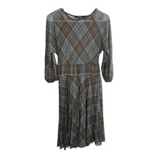 HERRY Plaid Pleated Midi Dress Long Sleeve Belted Waist Sheer Women's Size 8