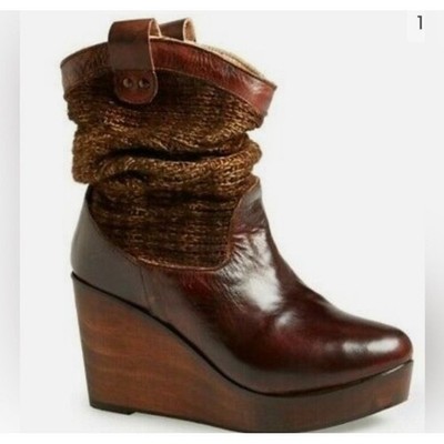 Bed Stu Cobbler Series Brown Leather Knit Wedge Platform Boots Womens 11 B