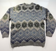 Vintage Snowflake Knit Sweater Large thick cozy blue Nordic winter pullover