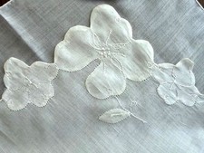 VINTAGE HANKY FLORAL EMBROIDERY  APPLIQUE WORK WHITE ON WHITE HAND ROLLED