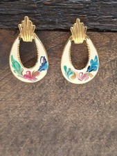 Vintage ( Made In USA ) Gold Tone ( ENAMEL ) Drop Pierced Earrings