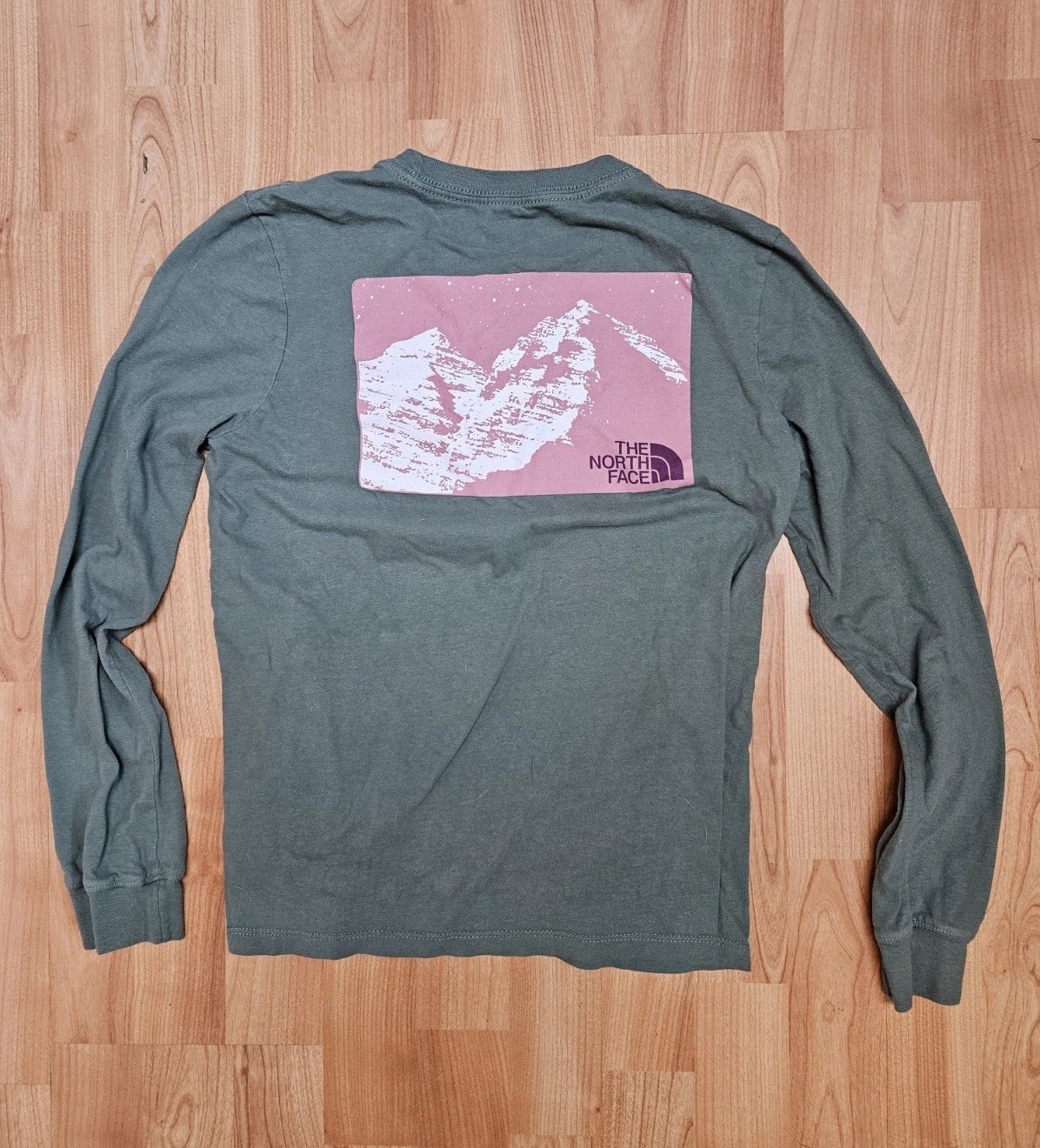 North Face Long Sleeve T-shirt 100% Cotton Womens Size S Green Mountain Graphic