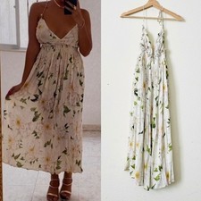 Farm Rio SMALL ivory white floral tue halterneck plunge midi dress