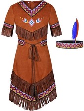 Native American Costume Girls with Headdress Brown 6-7Years