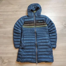 Cotopaxi Womens M Fuego Hooded Down Jacket Parka Puffer Maritime Blue Striped