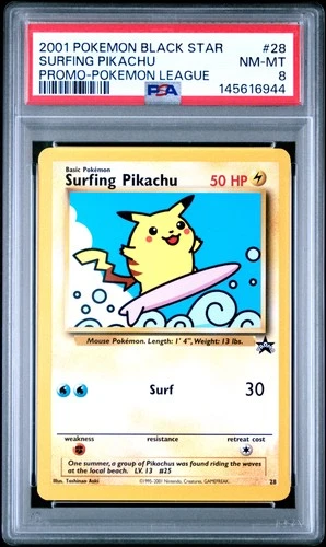 2001 POKEMON PROMO BLACK STAR POKEMON LEAGUE #28 SURFING PIKACHU PSA 8