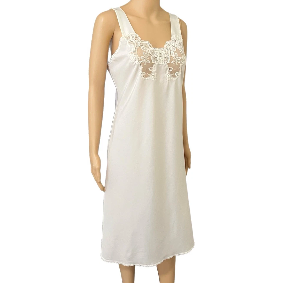 Vestido Lencería Vintage Vanity Fair Años 70 Crema Poliéster Encaje Ribete Sin Mangas - Talla 34L Foto 4 de 4