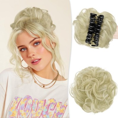RUWISS Real Human Hair Claw Clip Messy Bun Wavy Curly Chignon Hairpiece