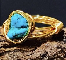 NEW Handmade Wire Wrapped Ring Goldtone Turquoise Beaded Size 8