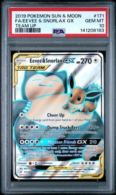 2019 POKEMON SUN & MOON TEAM UP #171 FULL ART/EEVEE & SNORLAX GX PSA 10