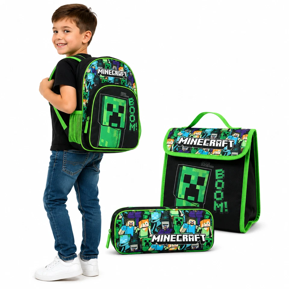 Minecraft 3-teiliges Schulset für Kinder offiziell lizenzierter Rucksack Brotzeittasche - Bild 1 von 1