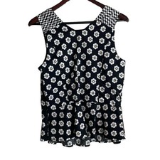Cotton Express Women Cottage Peplum Top M Black Daisy Floral Indie Retro Mod Y2K