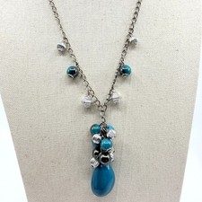 VTG Y2K Teal Blue Cluster Tear Drop Bead Silver Tone Link Statement Necklace