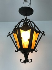 VTG Wrought Iron Steel Textured Amber Glass Ceiling Light Fixture Old 936-26B