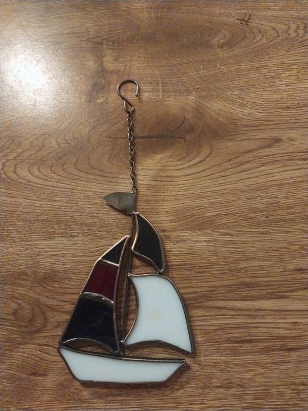 VTG Sun Catcher Red White Blue Stained Glass Ornament Sailboat 5" Nautical Decor