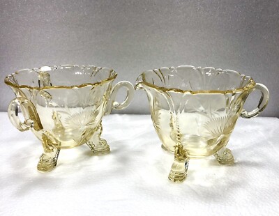 Heisey Empress Sahara Yellow Creamer & Sugar Cut Glass 3 Handle Foot