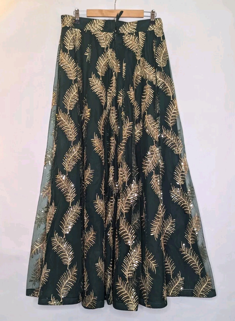 The Saree Room Skirt Wrap Large Sari Lehenga Green Gold Feather Embroidery Maxi 5