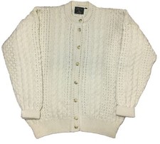 Vtg Gaeltarra Ireland Cable Knit Chunky Fisherman Cardigan Wool Sweater Ivory L
