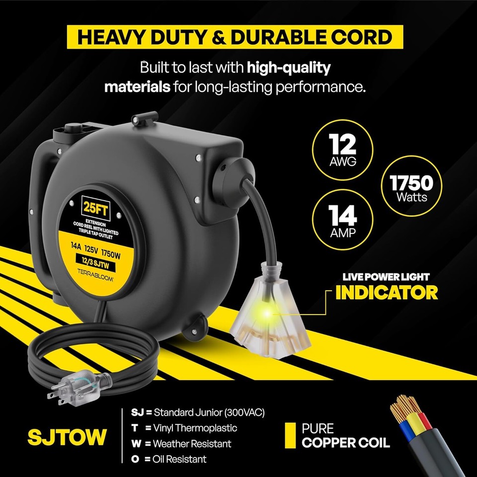 With Light Indicator TerraBloom Retractable Extension Cord Reel eBay