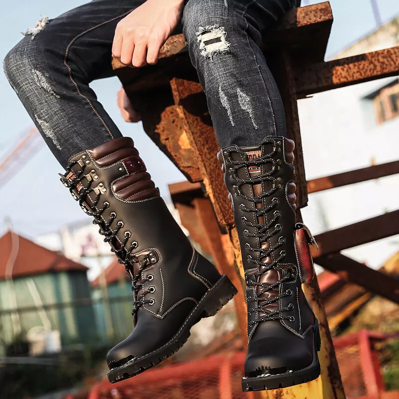 Punk Military British Mid Calf Boots Mens Chain Riding Motorcycle Lace Up  Boots