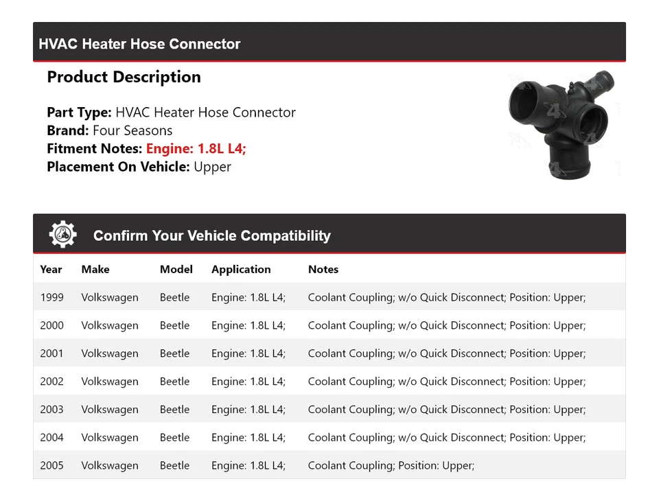Conector de manguera de calefacción superior para Volkswagen Beetle 1999-2005 4 estaciones 2000 Foto 2 de 4