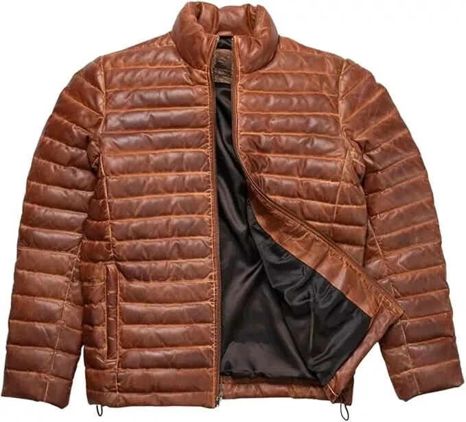 Men’s Tan Brown Quilted Down Puffer Jacket in Soft Lambskin Leather