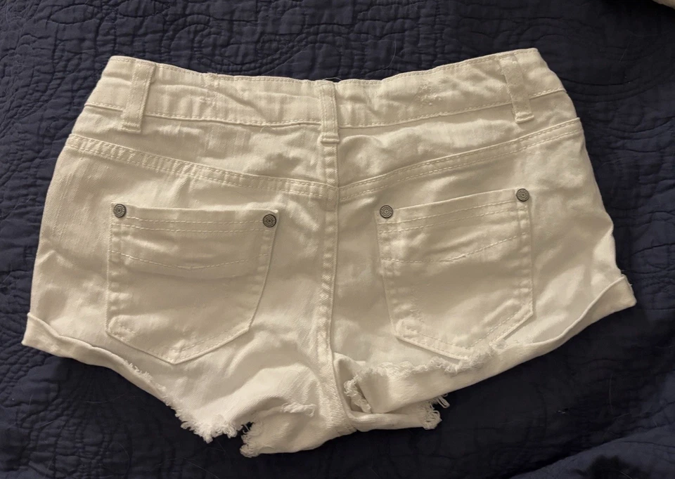 Pantalones Cortos de Jean Azul Asfalto Para Mujer 1/25 Blanco Sello Húmedo Corte Deshilachado Festival Y2K Foto 3 de 3