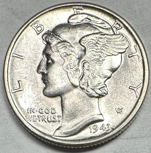 1943 MERCURY DIME GEM WHITE BU FSB FB  FULL BANDS HIGH GRADE UNCIRCULATED SILVER