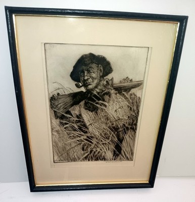 Paul Ashbrook Duck Hunter Signed Etching Pencil Portrait Man Pipe Shotgun 
