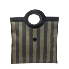FENDI FF Logo Pequin Stripe Tote Hand Bag PVC Leather Brown Black 68CA783