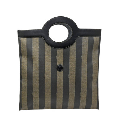 FENDI FF Logo Pequin Stripe Tote Hand Bag PVC Leather Brown Black 68CA783