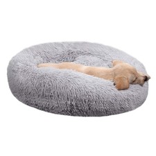 Faux Fur Dog Bed, Anti-Anxiety Calming Cuddler for Medium Large Pets, Light Grey