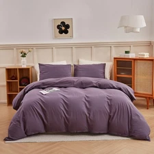 ECOCOTT Lilac Purple Duvet Cover Queen, 100% Washed Cotton 3 Piece Duvet Cove...