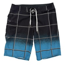 Quiksilver Board Shorts Mens 34 Blue Black Plaid Swim Trunks Surf Stretch