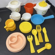 Vintage Fisher Price tea cups silverware pan saucers play lot