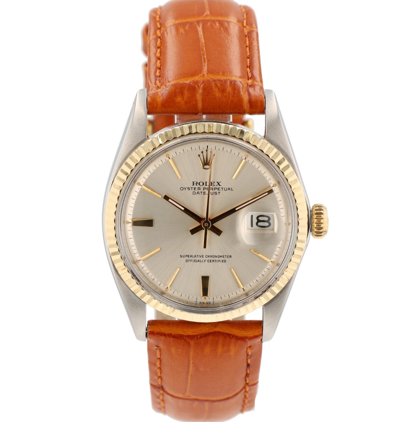 Rolex Datejust 36mm 1601 Silver Dial 18K Fluted Bezel Leather Strap Men's Watch-image