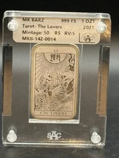 Purple Hew Tone 1 oz 999 Silver MK Barz Lovers Tarrot Card SAC SlabMintage 14/50