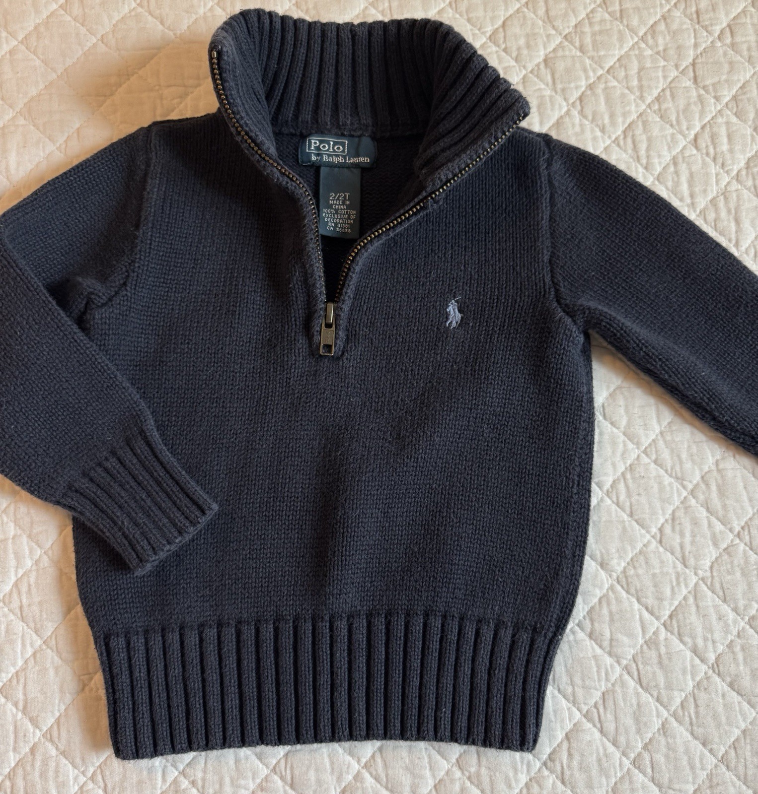 Toddler Boy Navy Quarter Zip Sweater 2T Polo Ralph Lauren 100% Cotton EUC