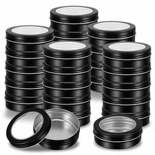 30 Pack 4 Ounce Round Tin Cans With Screw Lids Clear Window Black Aluminum