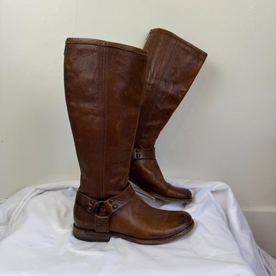 Frye Harness Tall 6.5 Cognac Brown Phillip Women's Back Zip Leather Riding Boots