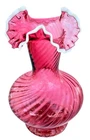 Fenton Glass Vase Spiral Twisted Swirl Cranberry Snow Crest Ruffled 11” Tall