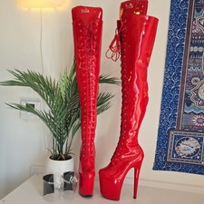 NWOB Hella Heels US 7 Cherry Pie Front Lace Thigh High Boot 8" w Heel Protectors