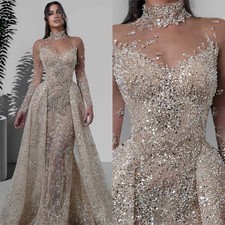 Beading Pearls Bridal Gowns with Overskirts Sequins Custom Made Bride Dress